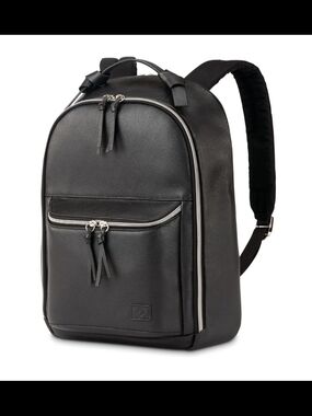 Samsonite Black Leather Backpack with Silver Zippers 14" Laptop